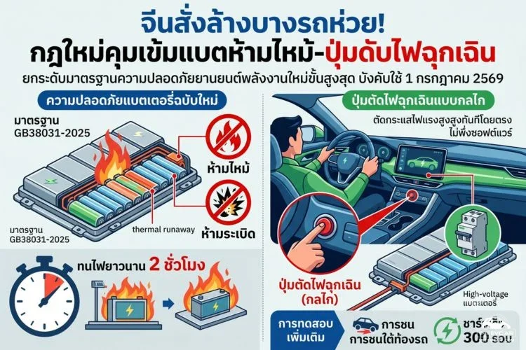 จีน สั่งล้างบางรถห่วย! กฎใหม่คุมเข้มแบตห้ามไหม้-ปุ่มดับไฟฉุกเฉิน